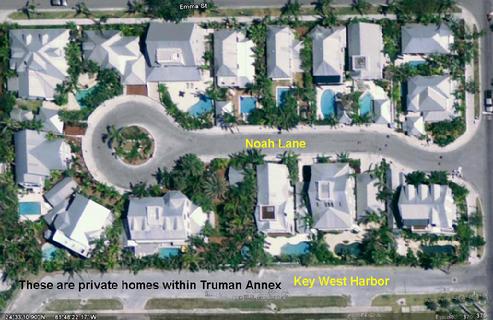 Aerial view of Noah Lane in Truman Annex, Key West, Florida 